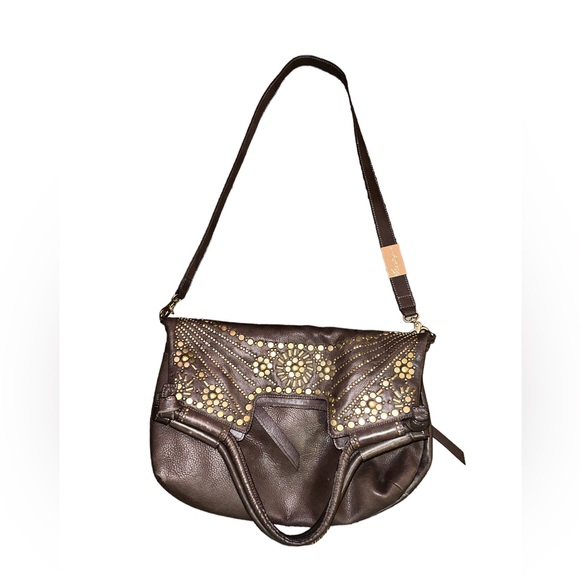 Foley & Corianna π€Fold-over Mid City Tote, Vegan βLeatherβ, brown w/ Gold Studs - Picture 2 of 6